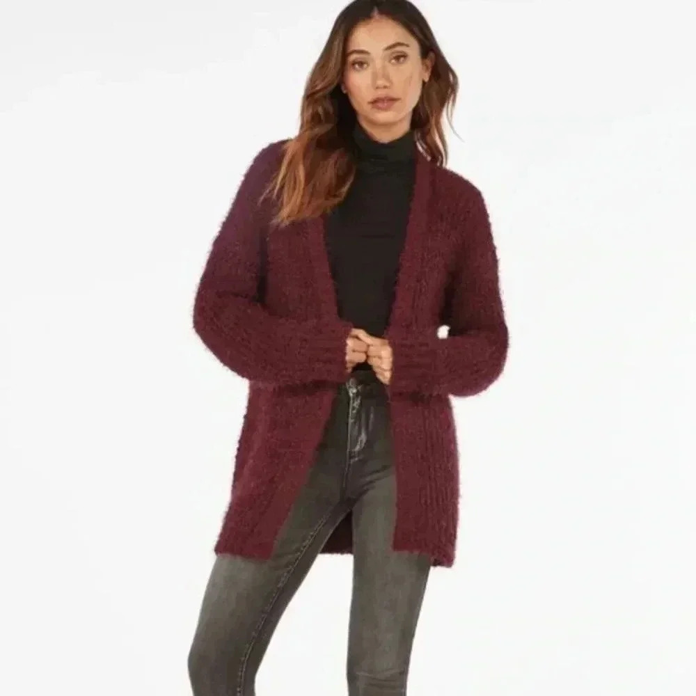 JustFab Fuzzy Wine Open Cardigan NWT